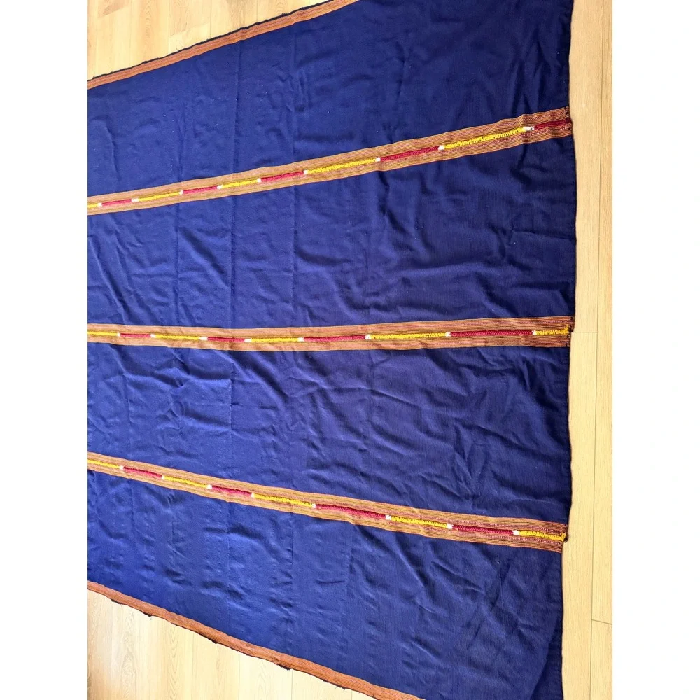 Vintage Handwoven Indigo Blue Tribal Textile Striped Embroidered Throw Blanket